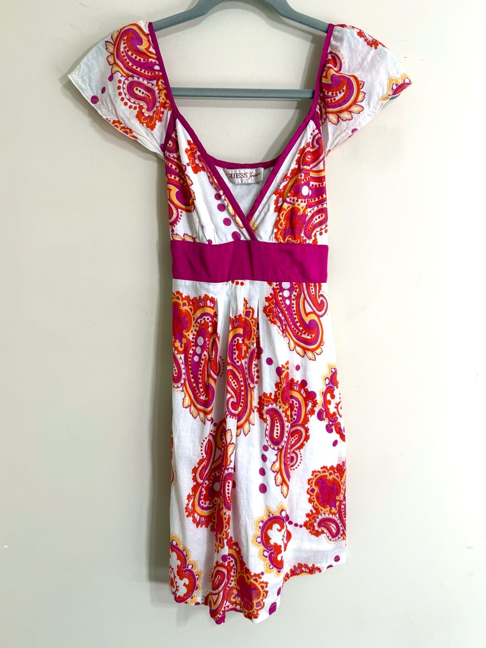 VINTAGE GUESS Juniors Paisley Cotton Silk Trim Dress 1 Y2K Boho Empire Waist